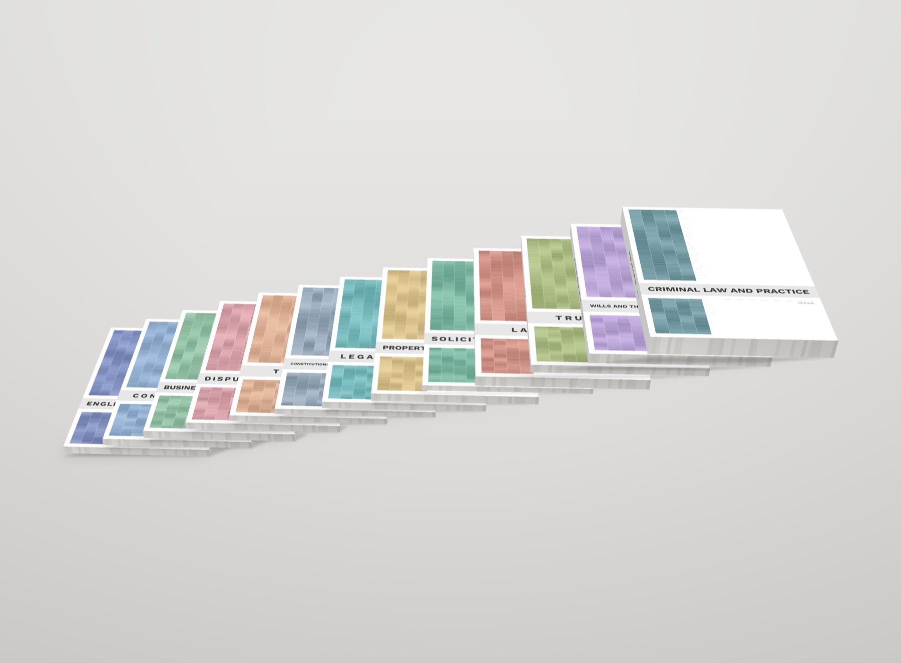 The thirteen full-colour printed SQE1 volumes, arranged in a cascade